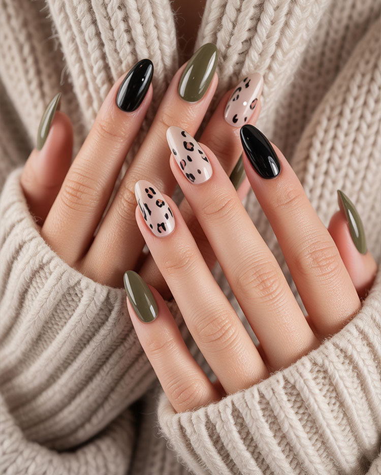 Professional animal print nail art featuring leopard spots combined with solid olive green and black glossy nails